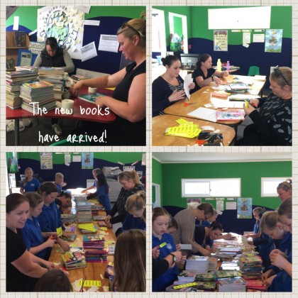 After such a successful fundraiser last term the new library books have arrived!! Thanks to the team of student librarians and parents who came down to start the HUGE job of getting the books ready for processing.  Exciting times!